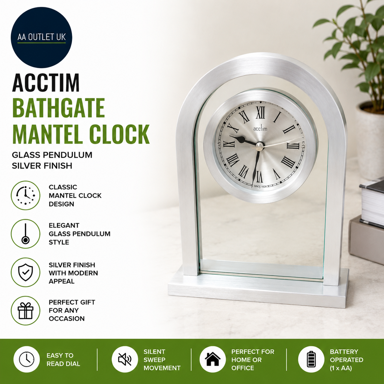 Acctim 36757 Bathgate Glass Pendulum Mantel Clock Analog Modern Silver
