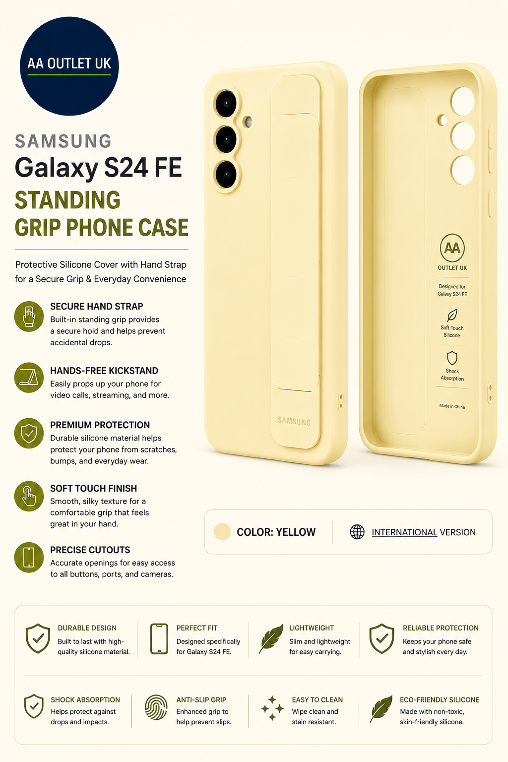 Samsung Galaxy S24 FE Standing Grip Phone Case Protective Silicone Cover Yellow