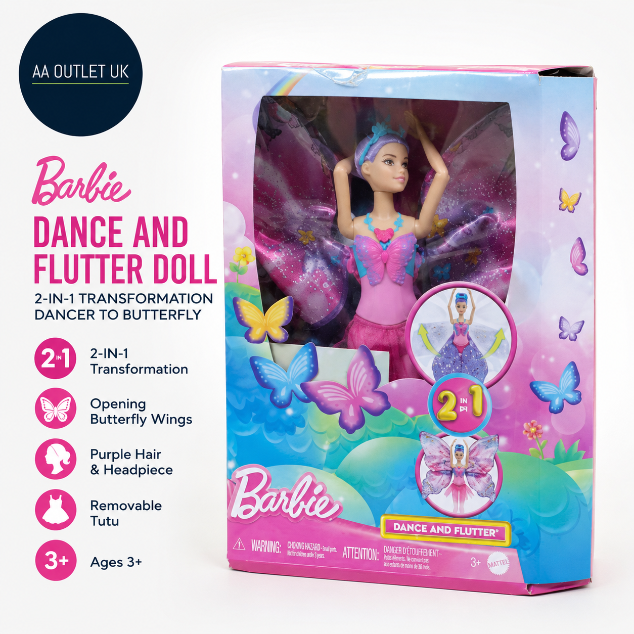 Barbie Dance Flutter Doll 2in1 Transformation Dancer Butterfly Wings 3+ New