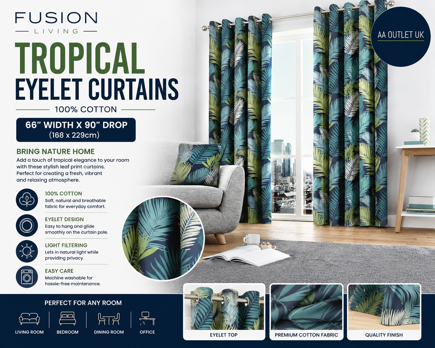 Fusion Tropical 100% Cotton Pair Eyelet Curtains 66x90in Multicolour