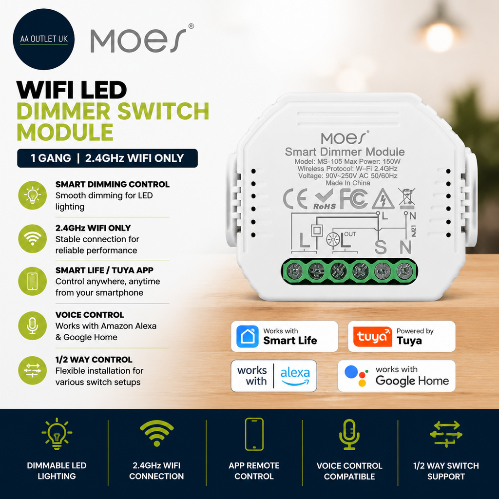 MOES WiFi LED Dimmer Switch 1 Gang 2.4GHz 1/2 Way Control  Alexa Google Home