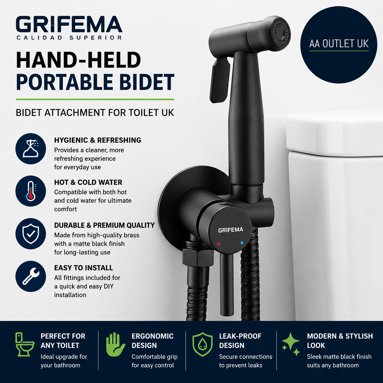 Grifema Hand Held Portable Bidet Attachment Toilet UK Sprayer Set Hot Cold