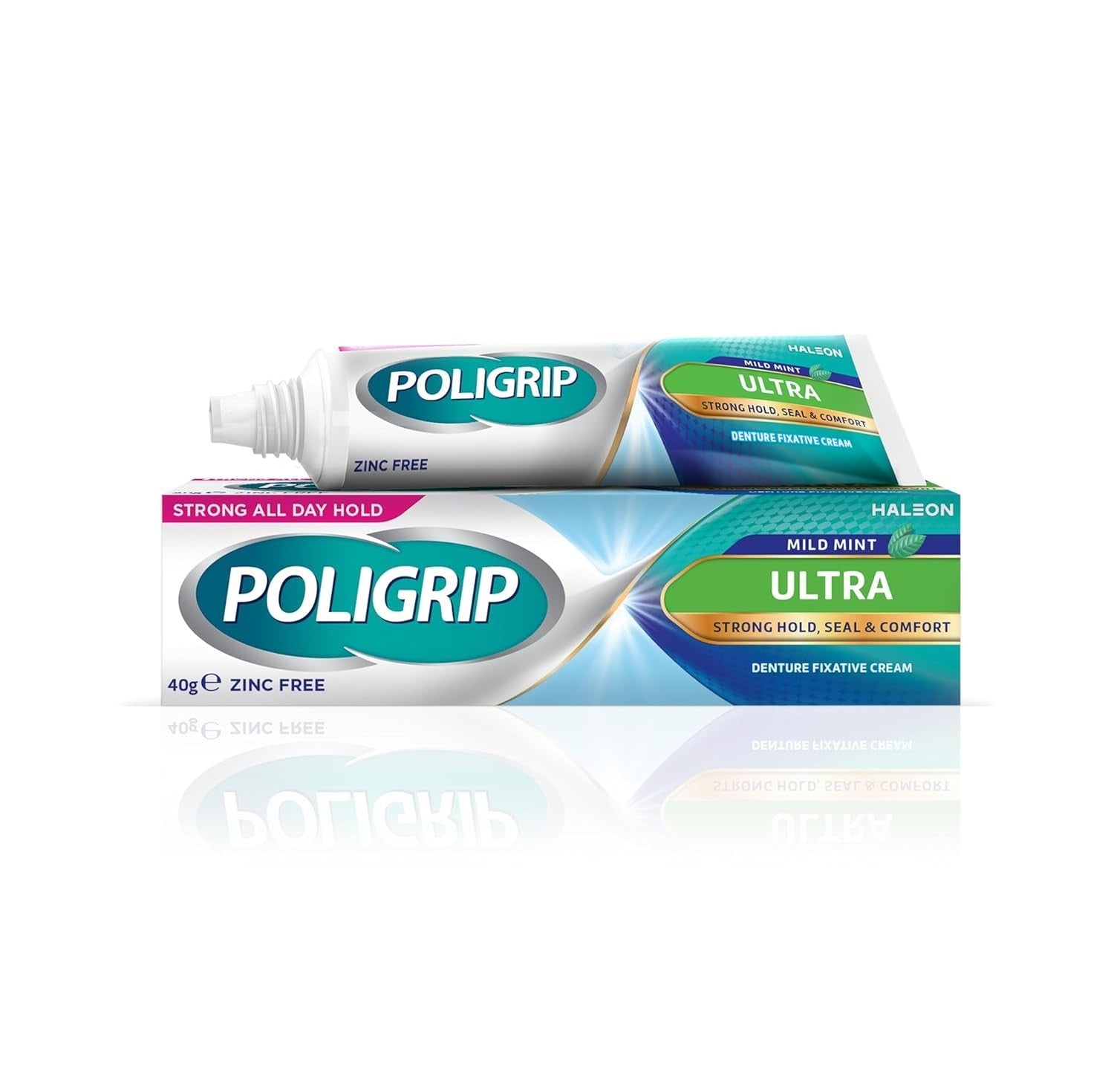 Poligrip Ultra Denture Adhesive Cream Strong All Day Hold Fixative Mint New
