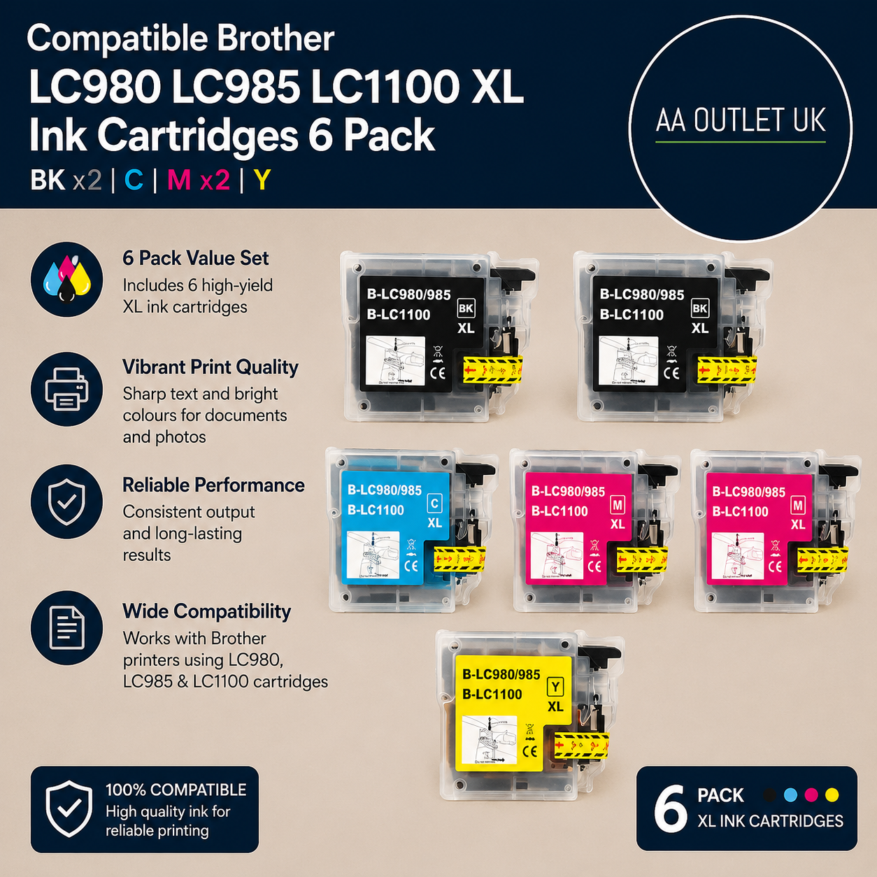 Compatible Brother LC980 LC985 LC1100 XL Ink Cartridges 6 Pack New