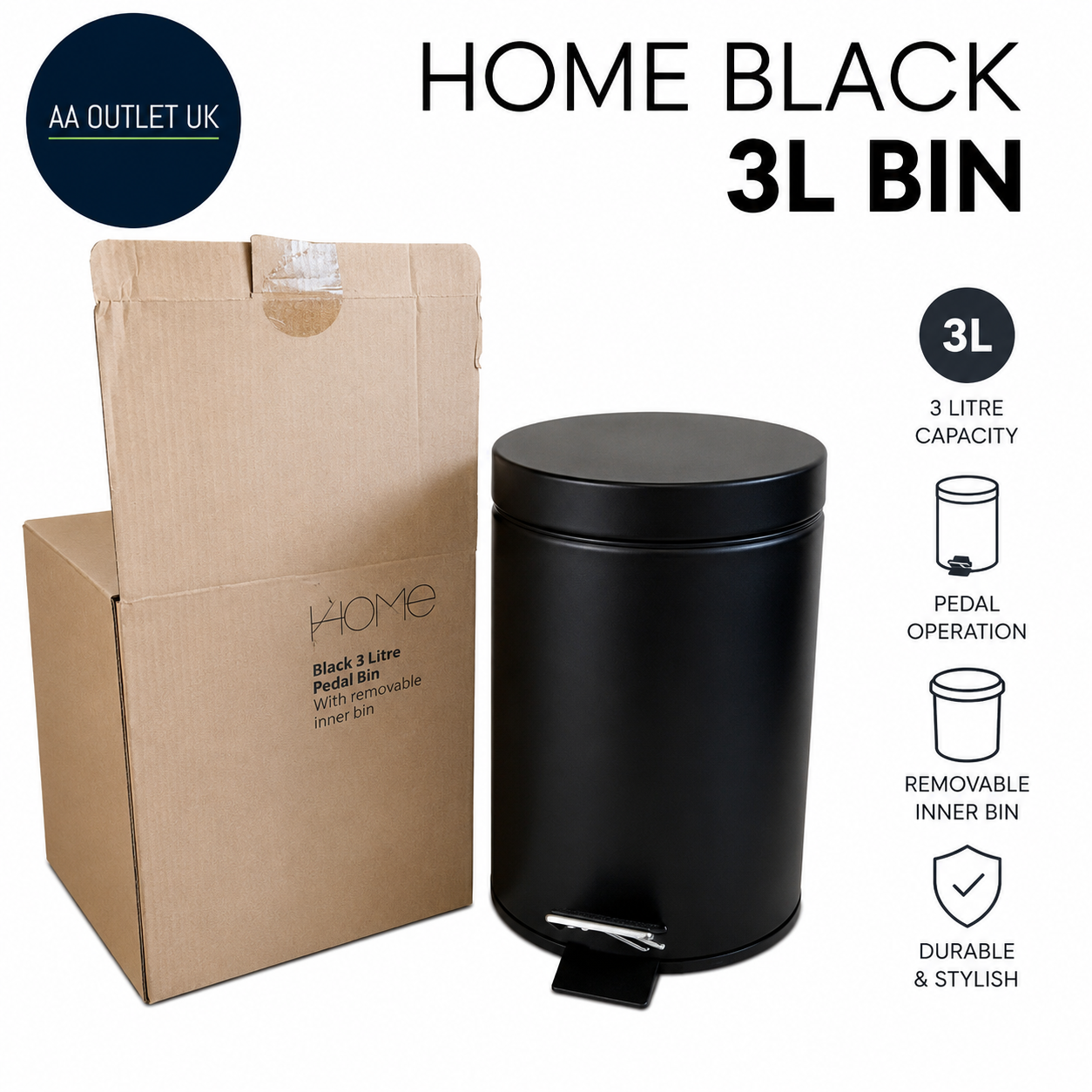 Argos Home 3Litre Bathroom Pedal Bin And Removable Inner Bin Black 25.1x22x17cm