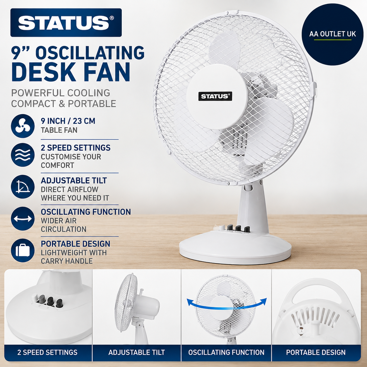 Status S9DESKFAN1PKB 9in Oscillating Desk Fan White 2 Speed Settings Adjustable