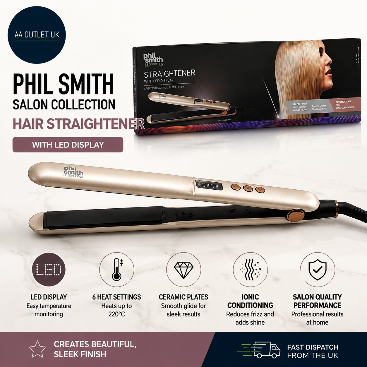 Phil Smith Salon Collection Hair Straightener LED Display Ceramic Plates