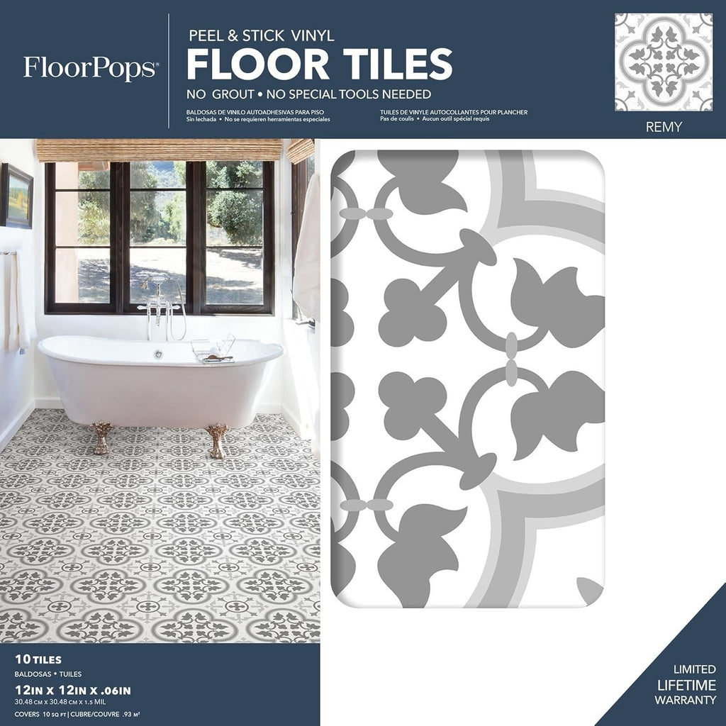 FloorPops FP2953 Remy Peel Stick Floor Tiles Grey Encaustic 12x12x0.06in New