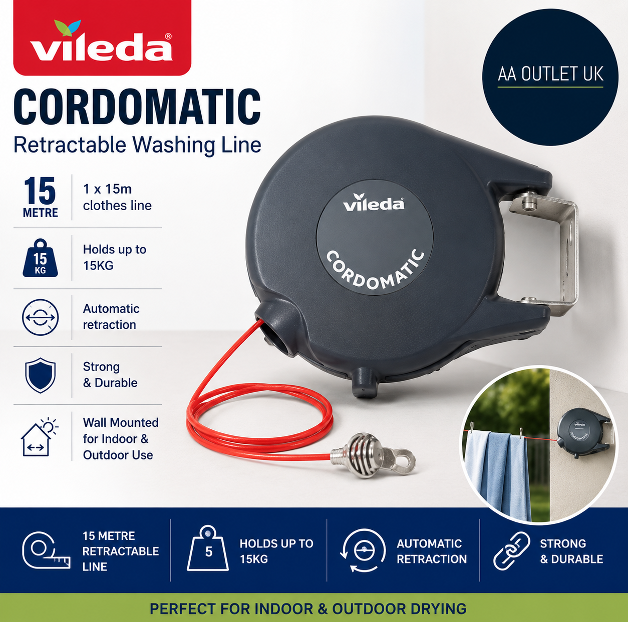 Vileda Cordomatic Retractable Washing Line 15m Clothes Line Holds To 15kg