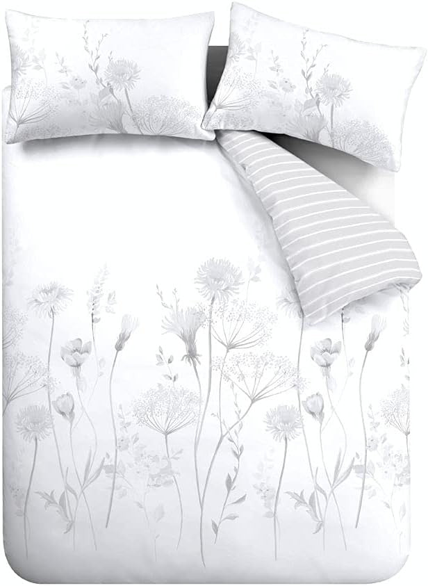 Catherine Lansfield Meadowsweet Floral Reversible King Duvet Cover Set White New