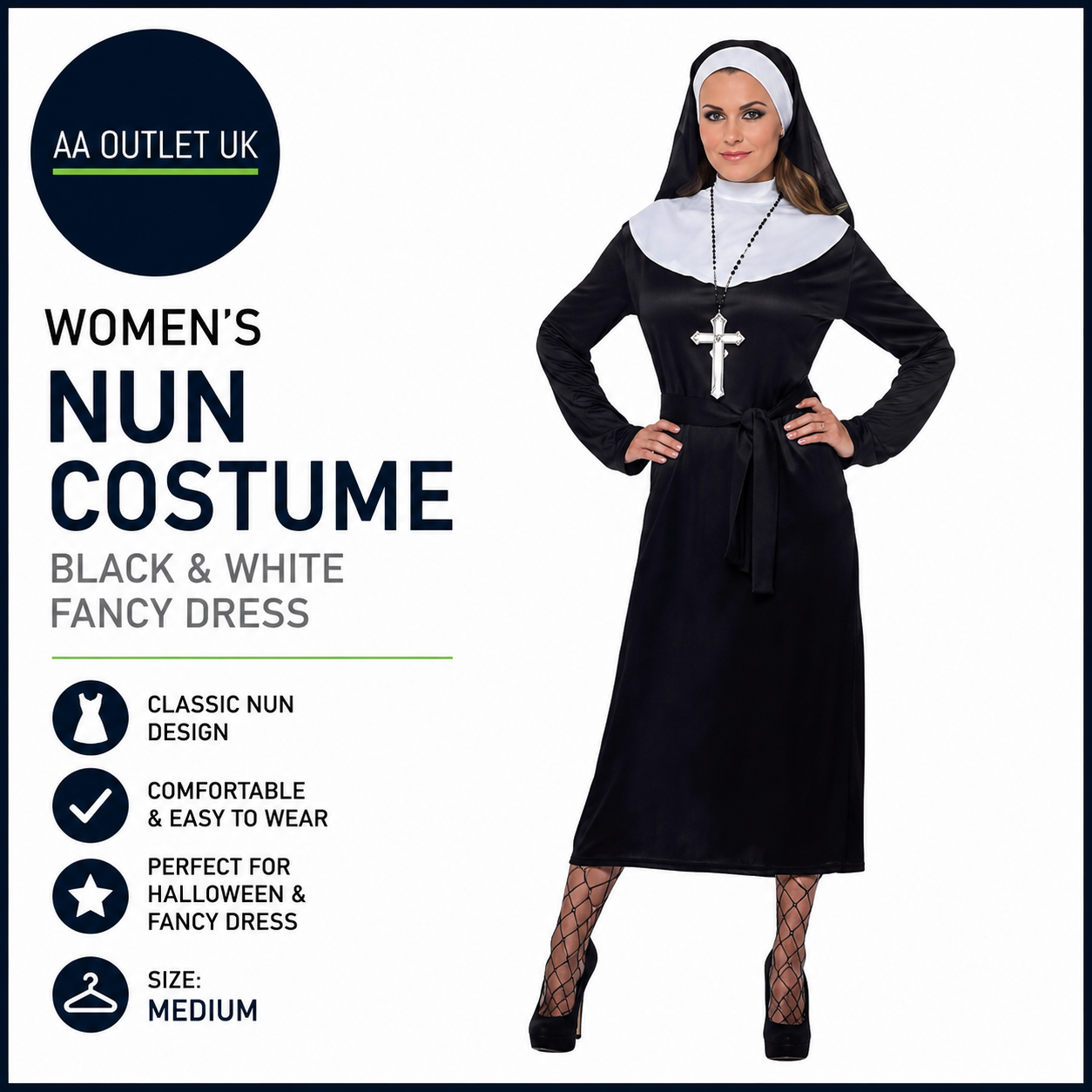 Smiffys Women's Nun Costume Black White Halloween Fancy Dress Medium Design New