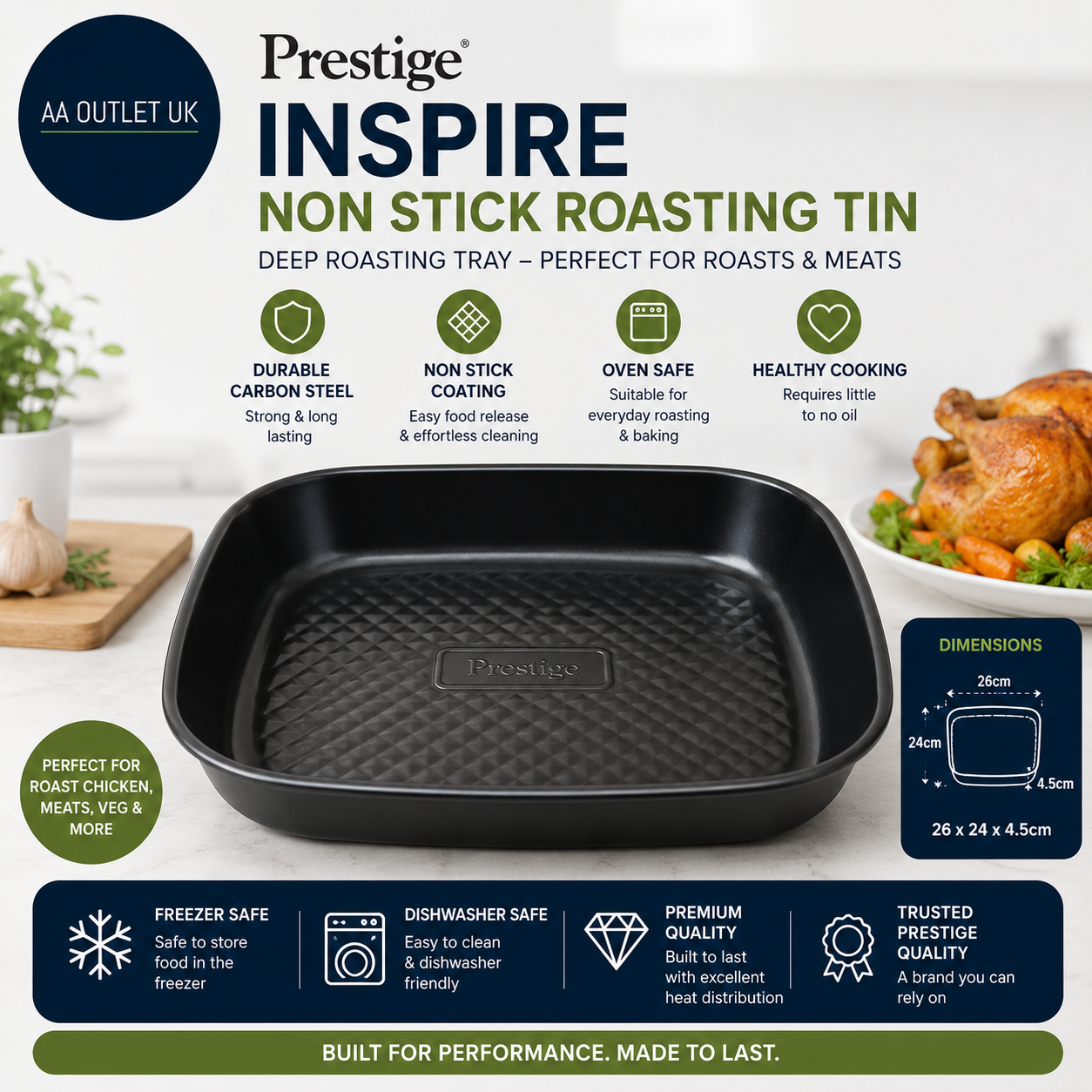Prestige Inspire Non Stick Tin Deep Roasting Tray Freezer Dishwasher Safe