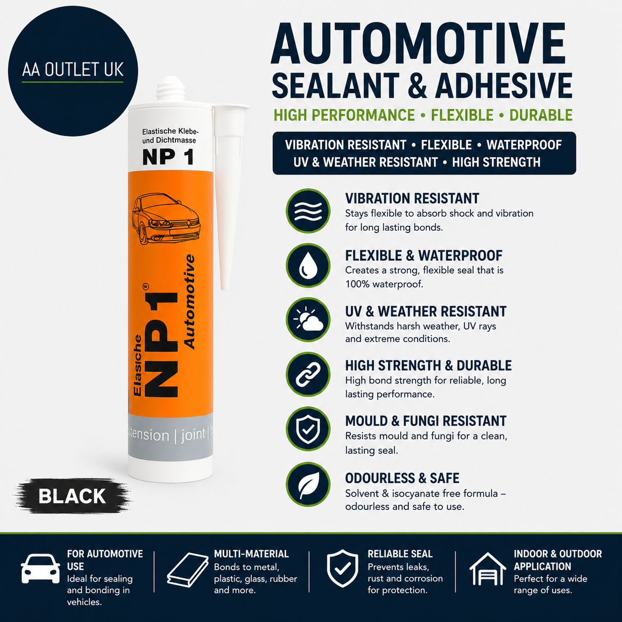 Automotive Sealant Adhesive Vibration Resistant Flexible Elastic 290ml Black