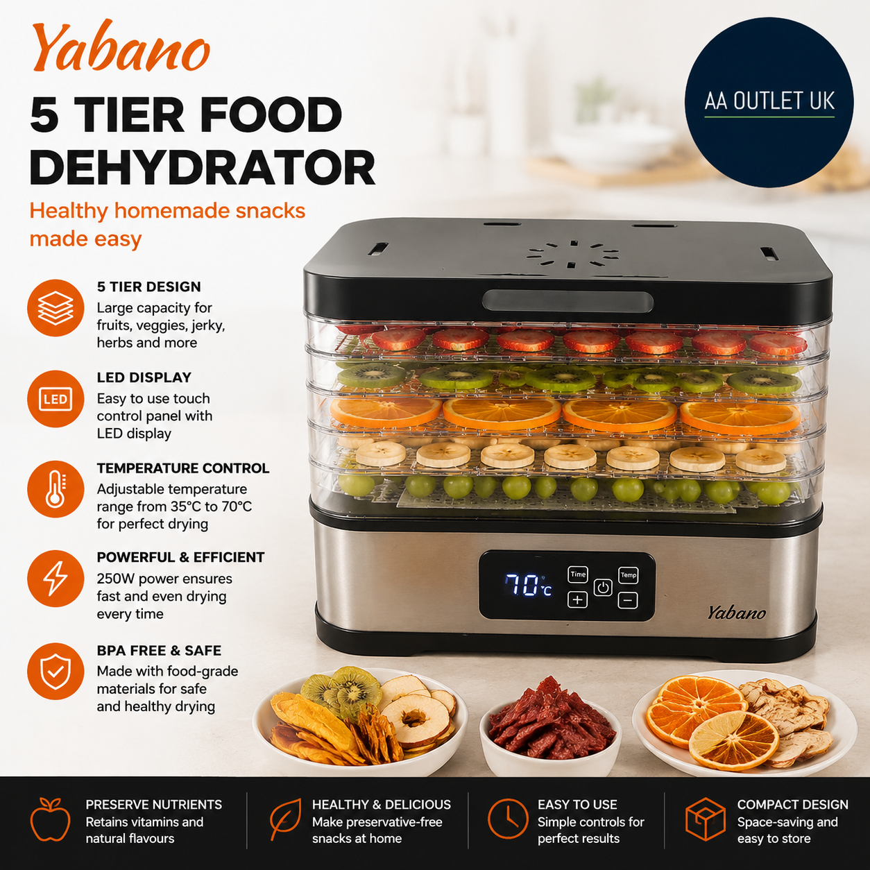 5 Tier Food Dehydrator Yabano Compact Dehydrators LED Display Food And Jerky
