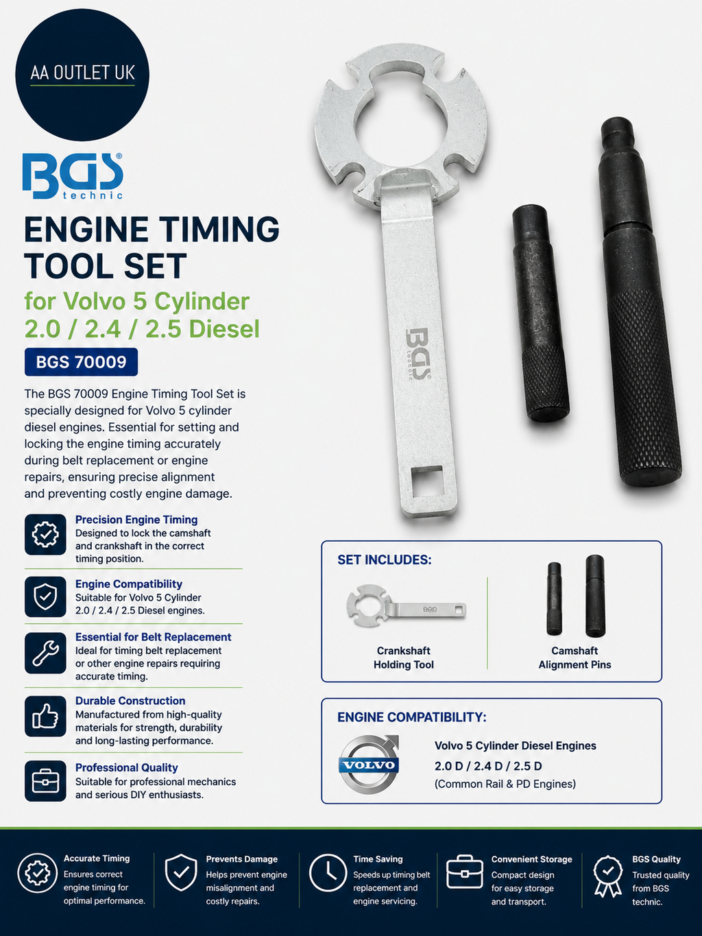 BGS 70009 Engine Timing Tool Set Volvo 5 Cylinder 2.0 2.4 2.5 Diesel