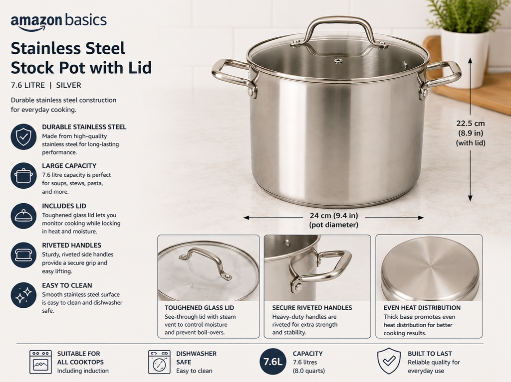 Amazon Basics Stainless Steel Stock Pot With Lid 7.6L Silver 25.2x33.5x24.3cm