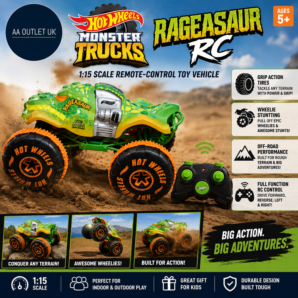 Hot Wheels Monster Trucks Remote Control Toy Vehicle 1:15 Scale Rageasaur 5+