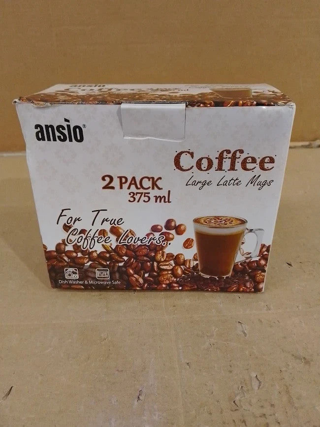 Ansio Large Latte Glass Coffee Cups 375ml Gift Box 2 Latte Glass Clear