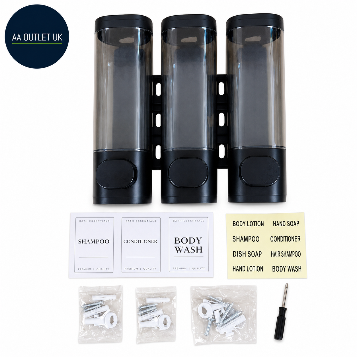 3 Chamber Wall Mounted Shampoo Soap Dispenser No Drill Bathroom Black 3x300ml