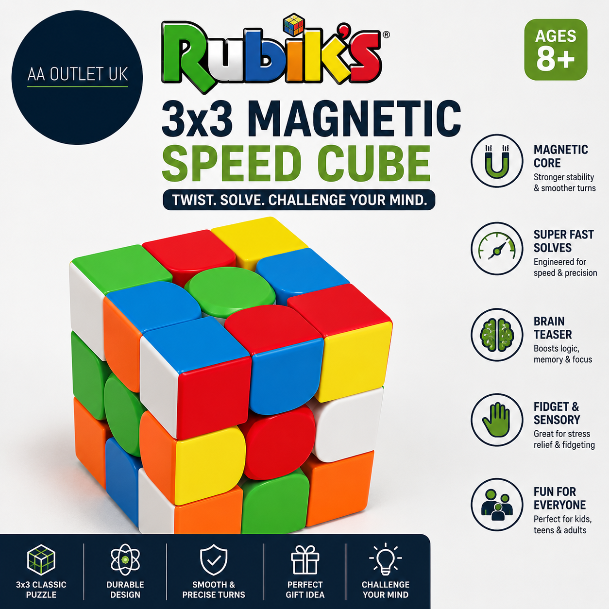 Rubiks Cube 3x3 Magnetic Speed Super Fast Solves Twisting Fidget Toy 8+