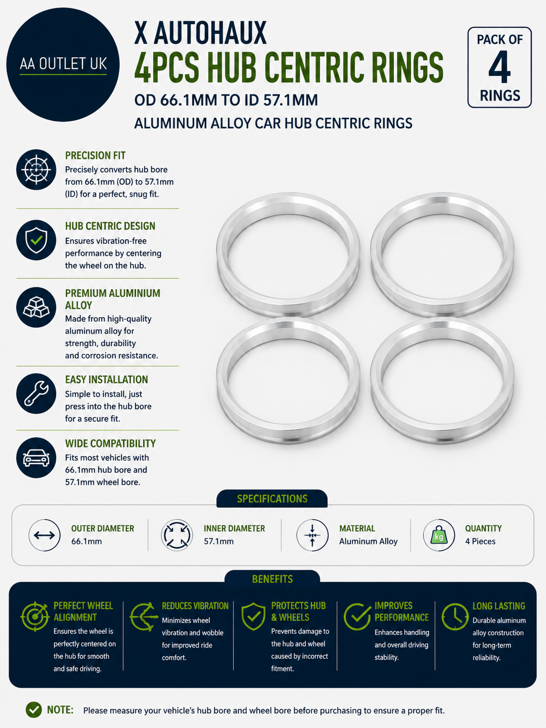 X Autohaux 4pcs OD 66.1mm To ID 57.1mm Aluminum Alloy Car Hub Centric Rings