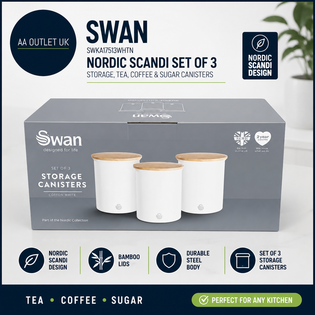 Swan 3 Nordic Scandi Storage Tea Coffee Sugar Canisters Cotton White Steel