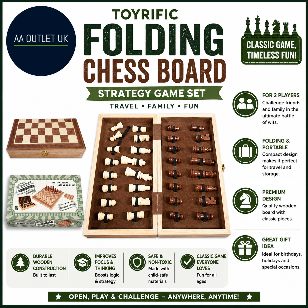 Toyrific Folding Chess Board Game Set Travel Family Strategy Game for 2 Players