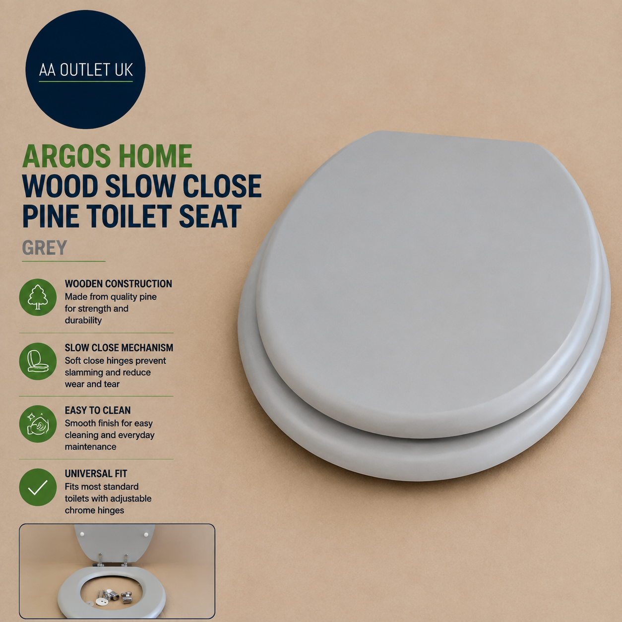 Argos Grey Pine Wooden Toilet Seat Slow Close Bathroom Replacement WC Design