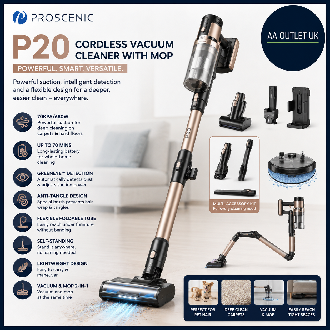 Proscenic P20 Cordless Vacuum Cleaner With Mop 70Kpa 680w 70 Mins Vacuum