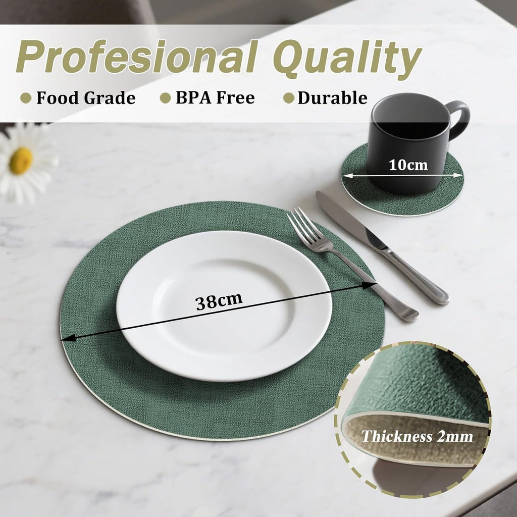 Kerychin Round Leather Placemats 38cm Coasters 10cm Set Heat Resistant New
