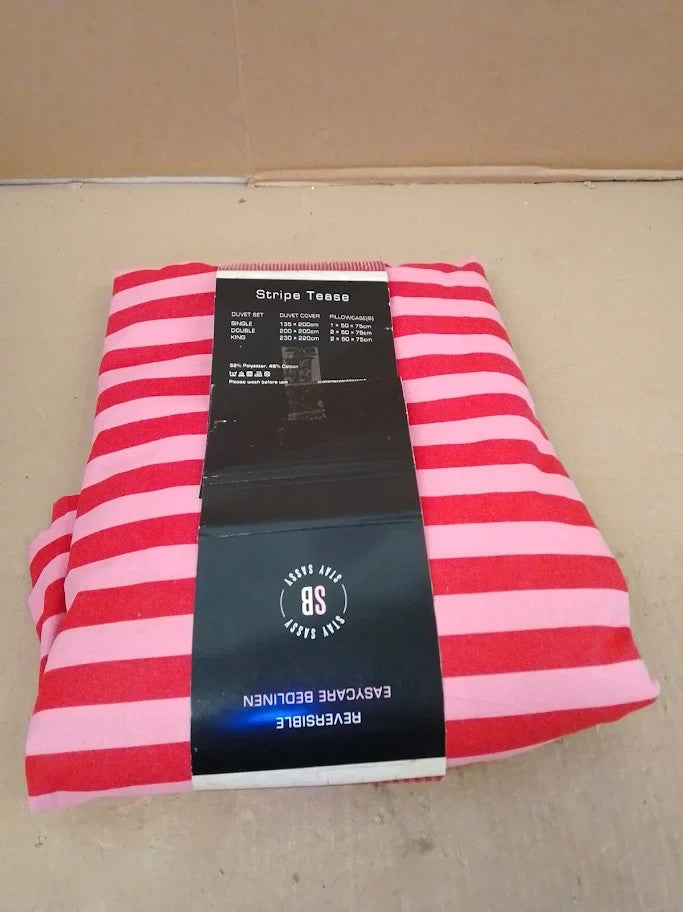 Sassy B Stripe Tease Reversible Double Duvet Cover Set With Pillowcases Red New