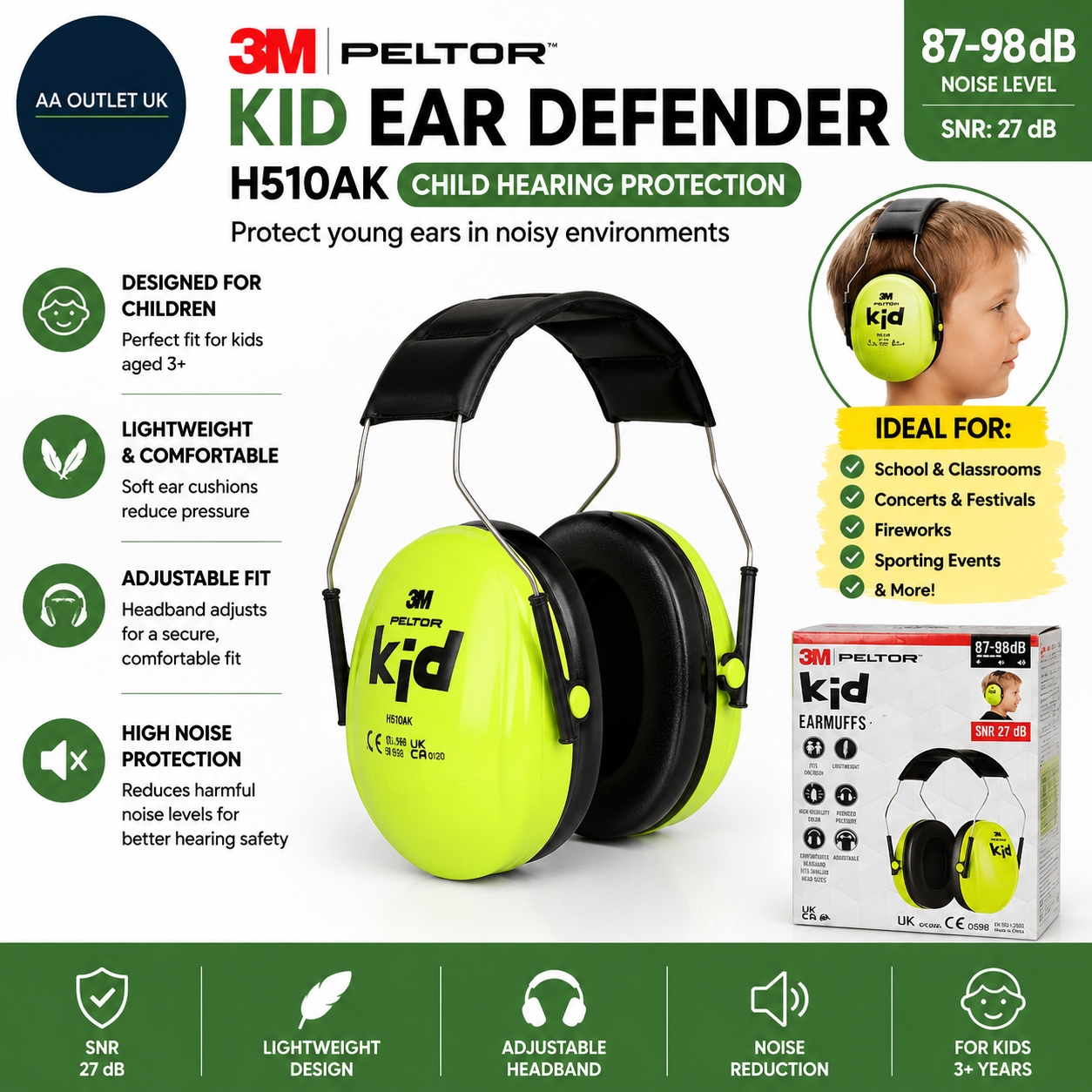 3M Peltor Kid Ear H510AK Neon Green Child Hearing Protection Adjustable 87-98dB