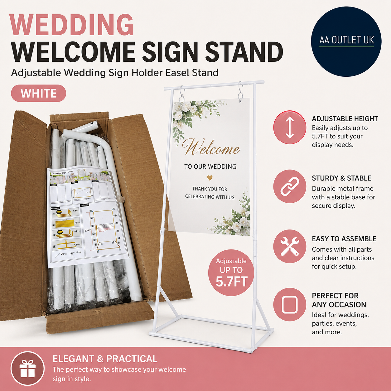 Nwvuop Wedding Welcome Sign Stand Adjustable Holder Easel Stand Display White