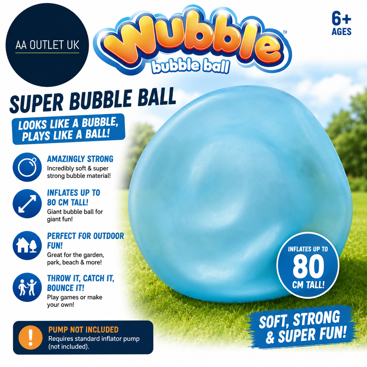 Wubble Super Bubble Ball Blue Plays Like Ball Inflates 80cm Tall Outdoor 6+