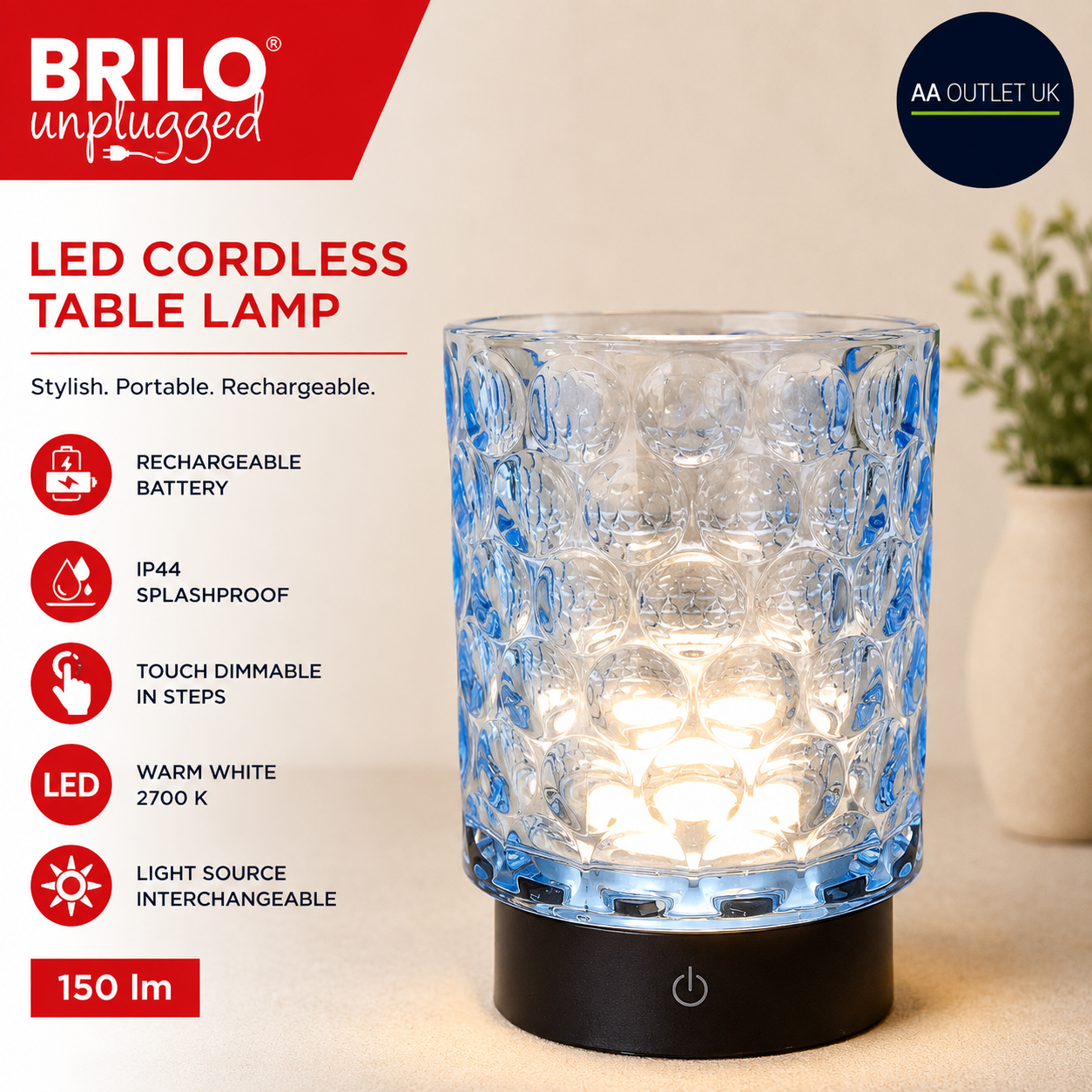 BRILONER LED Table Lamp Cordless IP44 Dimmable Light Glass Body 15x11cm Blue