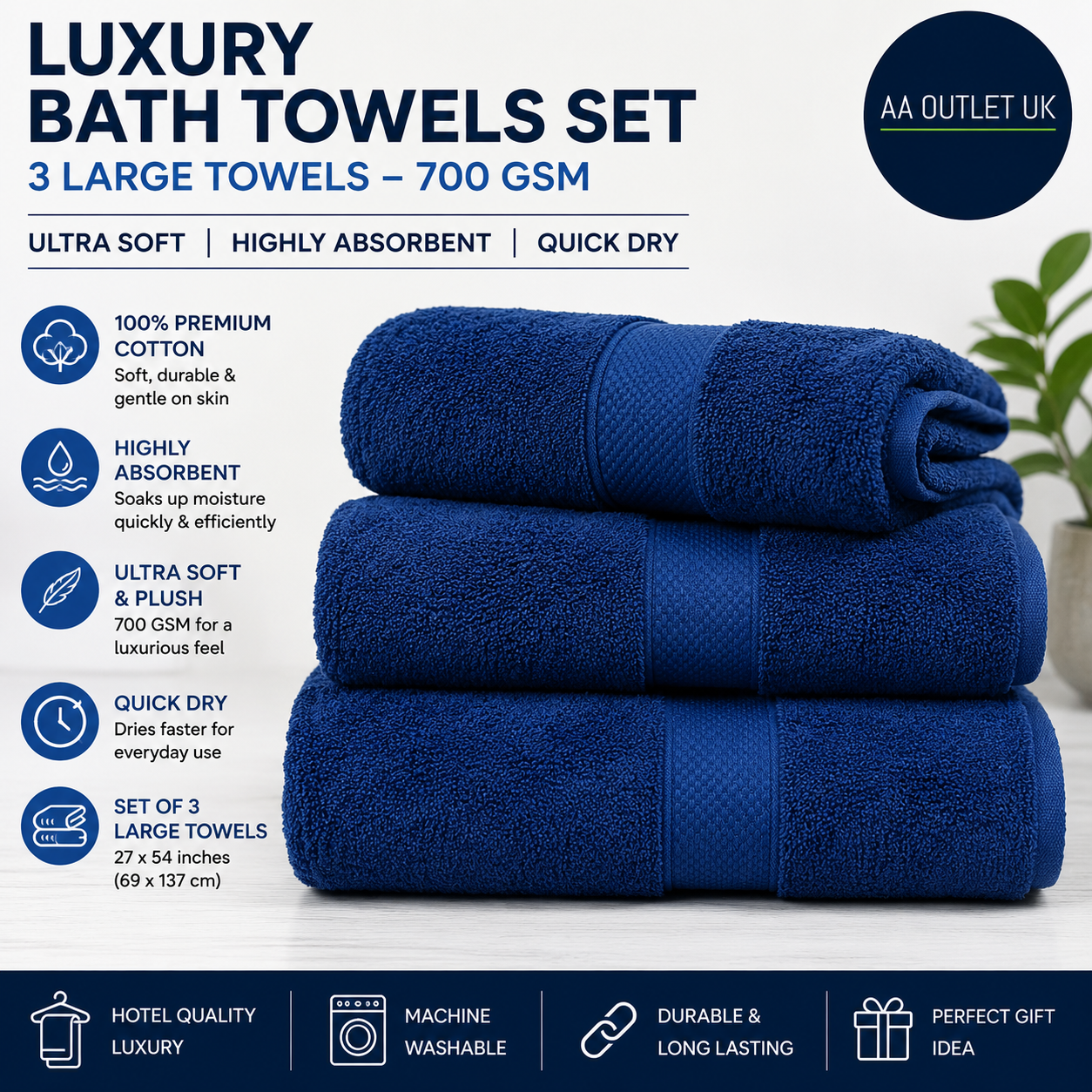 White Classic Luxury Bath Towels 3 Pieces Large 700 GSM Cotton Soft 27x54cm New