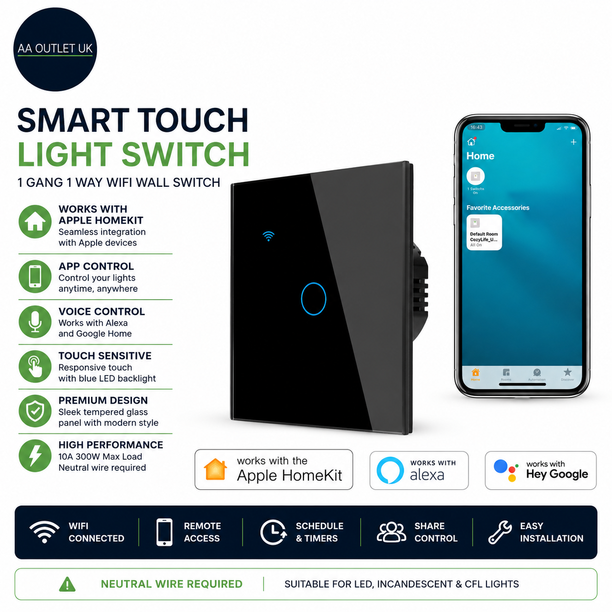 Smart Touch Light Switch 1 Gang 1 Way WiFi Wall Apple HomeKit Alexa Google
