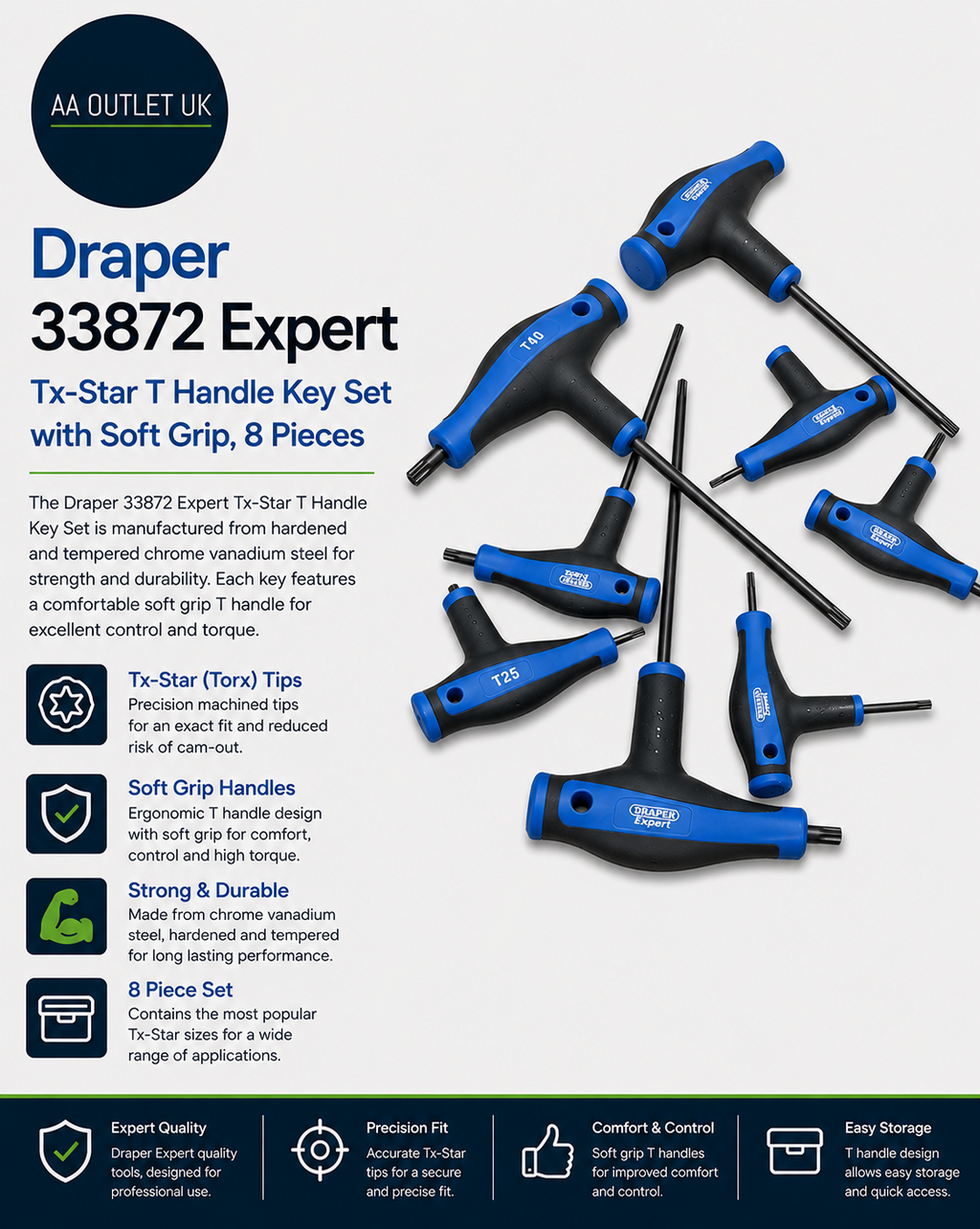 Draper 33872 Expert Tx Star T Handle Key Set Soft Grip 8pc Chrome Vanadium Steel
