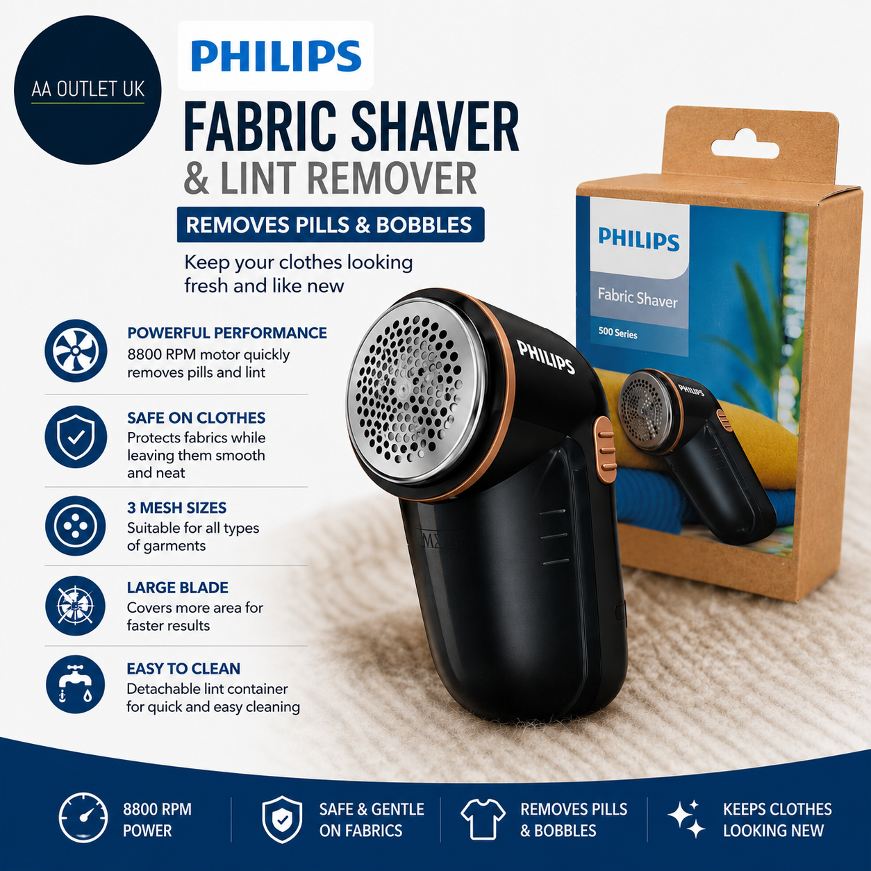 Philips Fabric Shaver Lint Remover 8800rpm Safe Clothes Removes Pills GC026/80