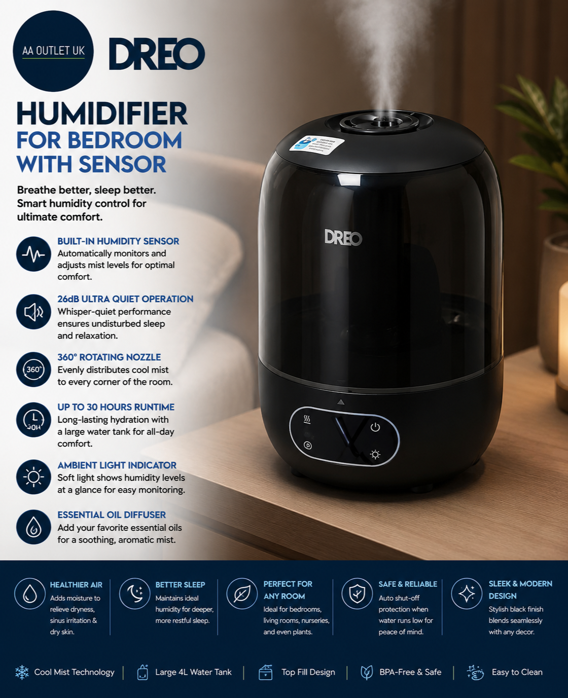 Dreo Humidifier Bedroom Sensor 26dB Quiet Cool Mist Ultrasonic Home Black