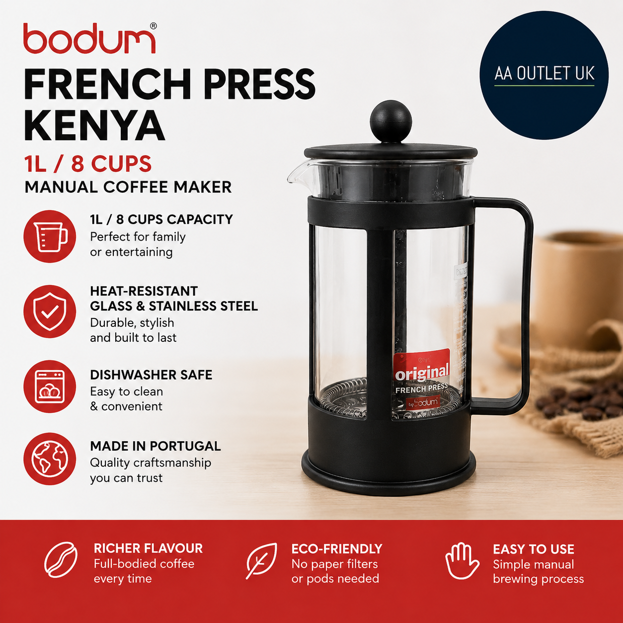 Bodum French Press Kenya 1L 8 Cups Manual Coffee Maker Heat Resistant Glass