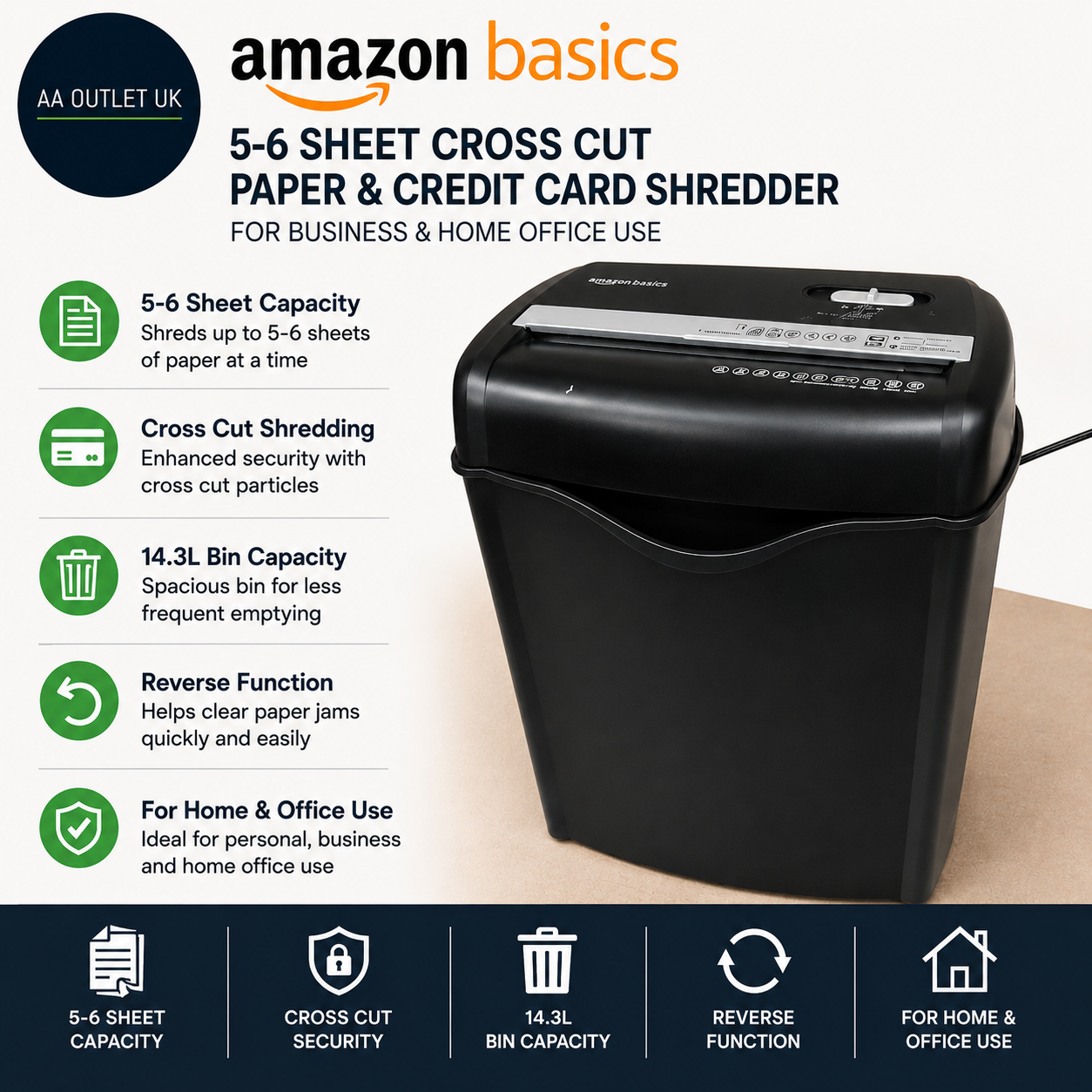 Amazon Basics 5 To 6 Sheet Cross Cut Paper Credit Card Shredder 14.3L Black