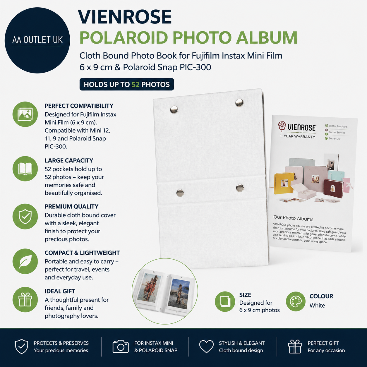 Vienrose Polaroid Photo Album Cloth Bound Book Fujifilm Instax Mini Film White