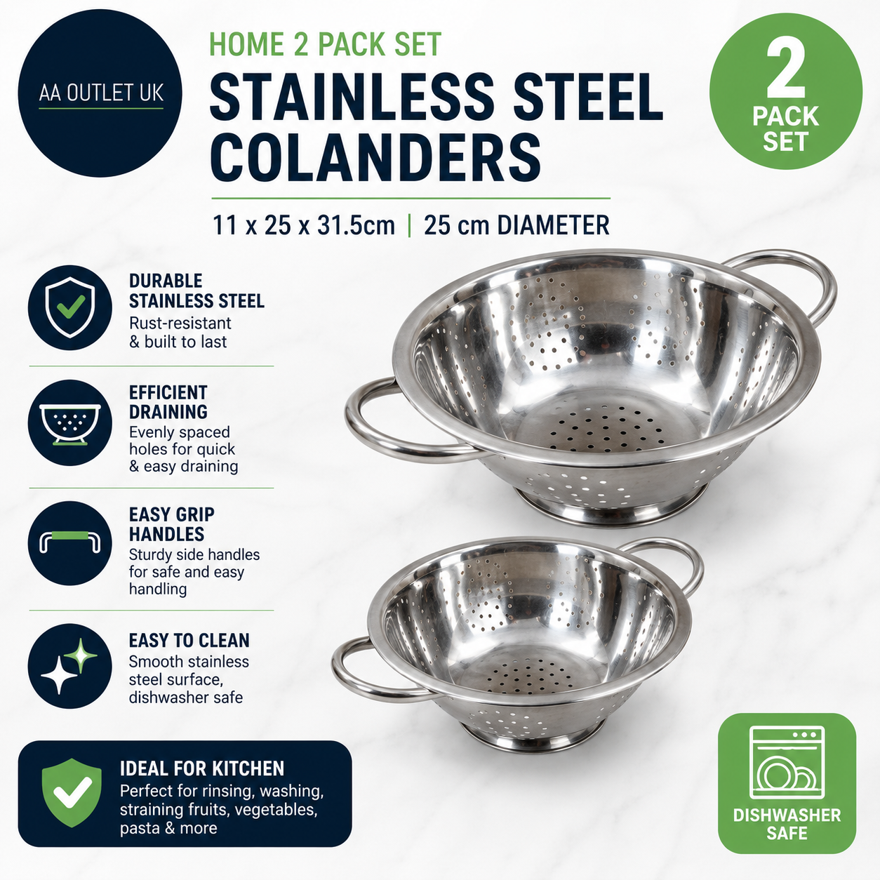 Home 2 Pack Set Stainless Steel Colanders Stainless Steel 11x25x31.5cm
