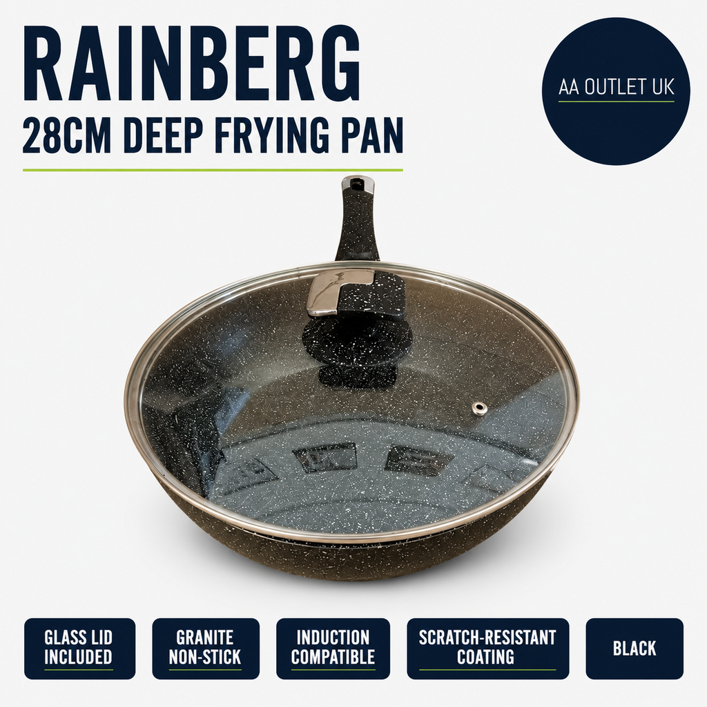 Rainberg 28cm Deep Frying Pan With Lid Granite Nonstick Cooking 28cm Black