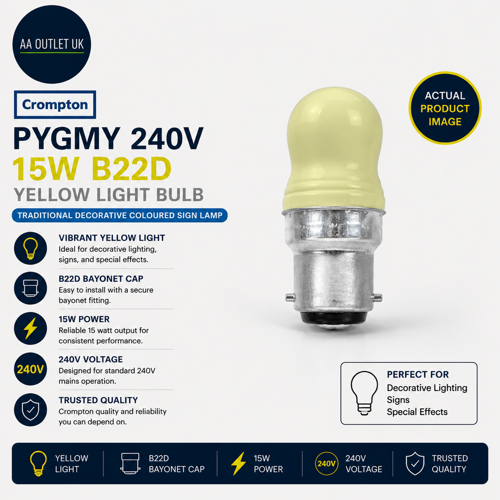 Crompton Pygmy 240V 15W B22d Yellow B22 15W Incandescent Dimmable A19
