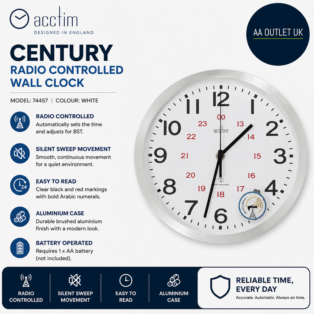 Acctim 74457 Century Radio Controlled Wall Clock Aluminium Analogue White