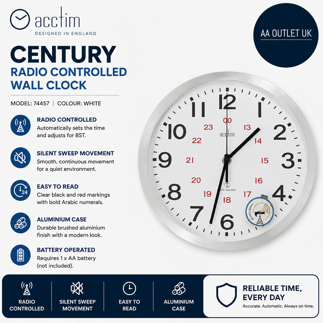 Acctim 74457 Century Radio Controlled Wall Clock Aluminium Analogue White