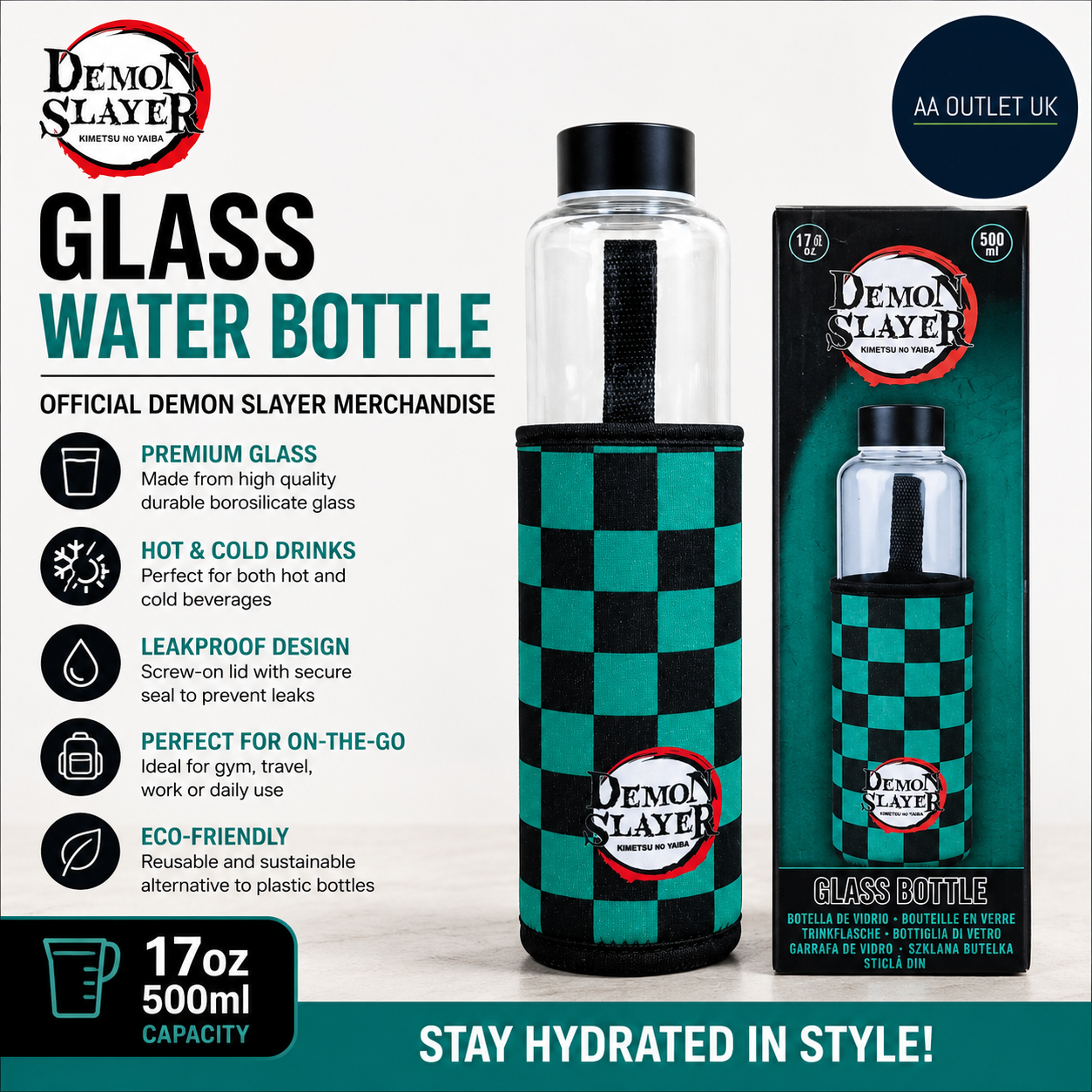 Grupo Erik Glass Water Bottle Demon Slayer Manga Merch 17oz 500ml Hot Cold