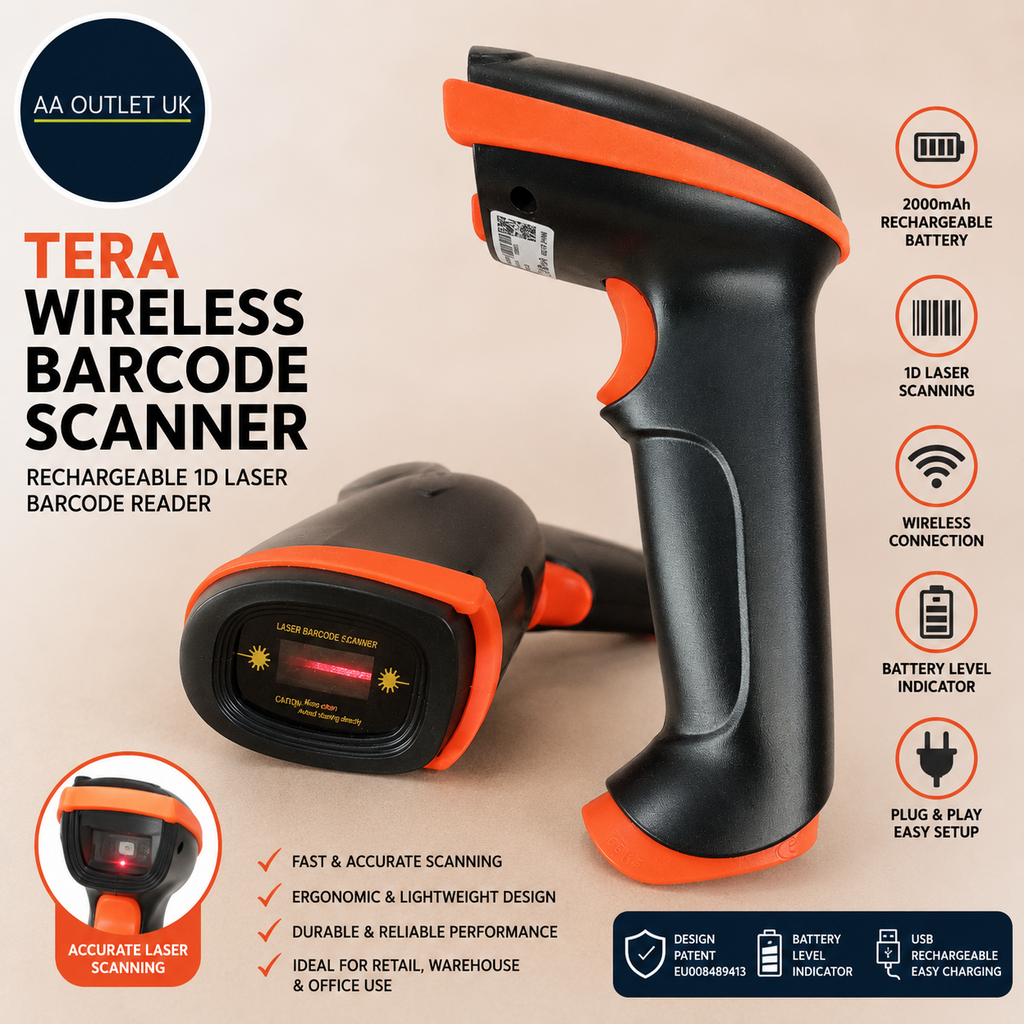 Tera Barcode Scanner Wireless Battery Level Indicator Rechargeable 1D Laser